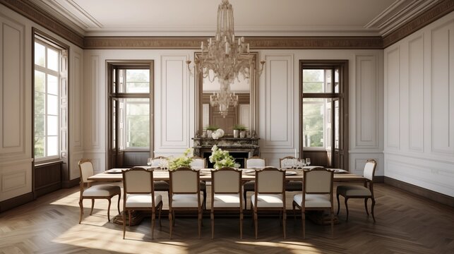 Elegant formal dining room with ornate plaster ceiling picture frame moldings and long wood farm table.
