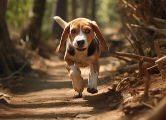 Joyful Beagle Leaping in Sunlit Woods