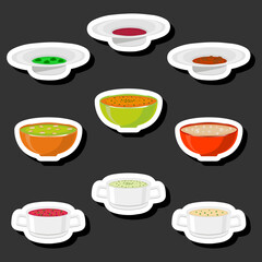 Illustration on theme big set various types beautiful tasty edible hot homemade soups