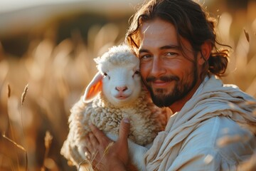 Jesus smiling while holding a happy sheep in a field, sharing a joyful event