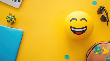World emoji day with a funny emojis. World emoji day 3d banner background. Emoji Celebration 3D Banner Background. World smile day emojis. Mental health assessment, world mental health day concept.  - obrazy, fototapety, plakaty