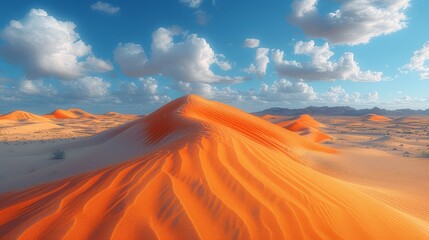   A cluster of sand dunes in a desert, surrounded by blue sky with scattered clouds above, featuring a single tree in front