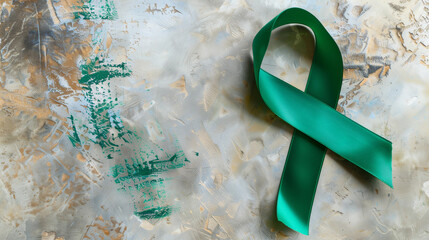 Emerald Green Cancer support ribbon for liver gallbladder bile duct kidney organ donation lyme disease mental health cerebral palsy on blank bone background copy space healthcare fundraise awareness