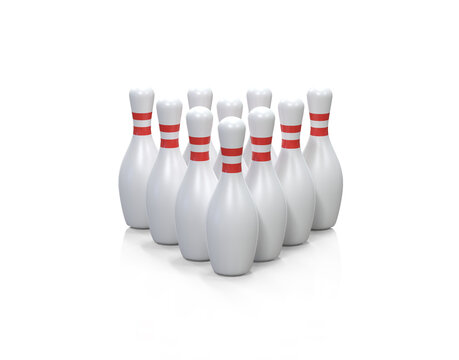 Group of bowling pins. Skittles with red stripes. Bowling pins in pyramid formation isolated