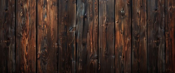 Obraz premium Dark brown wooden wall background with texture of old wood planks, seamless pattern for interior design. Wooden wallpaper for design, presentation or web banner.