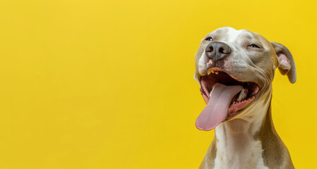 Happy funny excited dog with wide open mouth on bright background