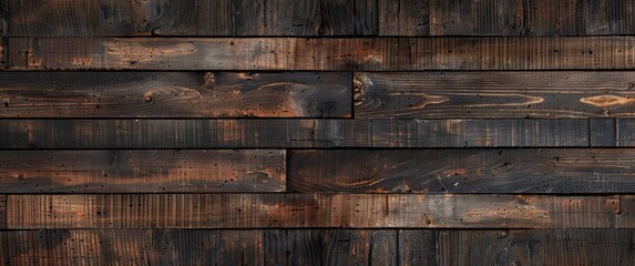 Dark brown wooden wall background with texture of old wood planks, seamless pattern for interior design. Wooden wallpaper for design, presentation or web banner.