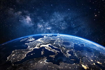 Abstract night space view of planet Earth with city lights,  blue earth from above in the starry...