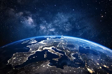 Poster Abstract night space view of planet Earth with city lights,  blue earth from above in the starry sky at night © Wuttichaik