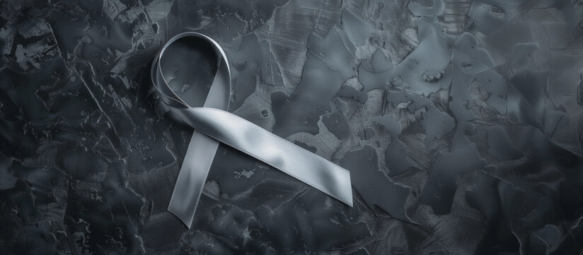 Satin grey silver cancer ribbon black background support brain tumors diabetes awareness asthma campaign, mental health parkinson's survivor research copy space header medicine event banner