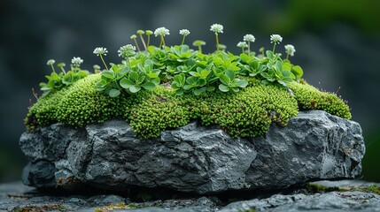 A rock covered in moss, from which tiny plants are emerging. Generative Ai