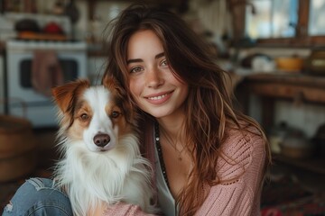 A woman happily sits on the floor with her brown and white herding dog