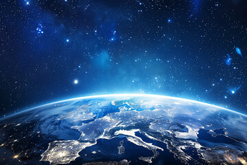 Fototapeta na wymiar Abstract night space view of planet Earth with city lights, blue earth from above in the starry sky at night
