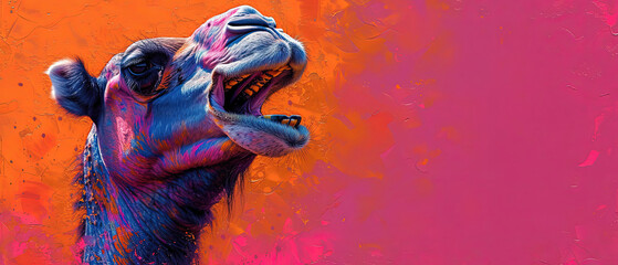 brightly colored painting of a camel with its mouth open
