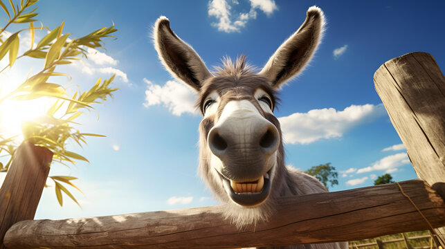 portrait of a donkey smiling face look like  realistic  image with cloudy background