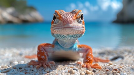   Close-up of a lizard on a beach, with a rock outcropping in the foreground and a body of water behind it - obrazy, fototapety, plakaty