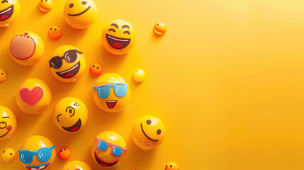 World emoji day with a funny emojis. World emoji day 3d banner background. Emoji Celebration 3D Banner Background. World smile day emojis. Mental health assessment, world mental health day concept. 