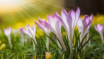 Amazing sunlight on blooming spring flowers with crocus, wildlife