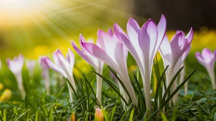 Fotobehang Amazing sunlight on blooming spring flowers with crocus, wildlife © Muhammad Ishaq