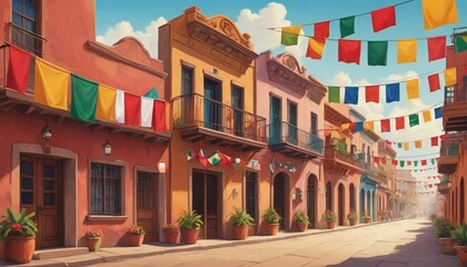 Cinco De Mayo Holiday Scene With Flags And Buildings.
