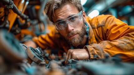   A man wearing goggles and glasses works on machinery in a factory, facing the camera with a serious expression