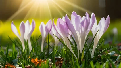 Fotobehang Amazing sunlight on blooming spring flowers with crocus, wildlife © Muhammad Ishaq