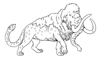 Coloring page with the animals mutants: prehistoric lion with mammoth head. Coloring book with fantasy creatures.