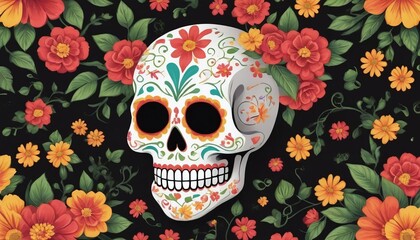 Sugar Skull Celebrating Cinco De Mayo With Floral Design.