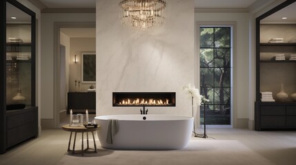 Elegant spa-like master bathroom with freestanding tub and fireplace.