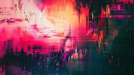 Glitched cityscape with a pink and blue color scheme. The image is full of vibrant colors and energy, and it has a very modern and futuristic feel.