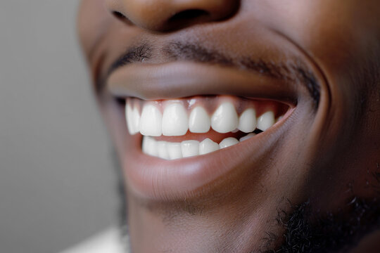 Perfect white teeth black man close up, male toothy veneer smile, tooth whitening, dental care and stomatology