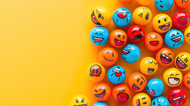 World emoji day with a funny emojis. World emoji day 3d banner background. Emoji Celebration 3D Banner Background. World smile day emojis. Mental health assessment, world mental health day concept. 