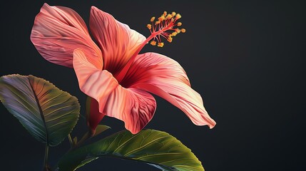 A stunningly detailed painting of a hibiscus flower. The petals are a deep pink color, and the leaves are a rich green.