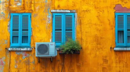 Fototapeta na wymiar A yellow building with blue shutters features a window with an AC unit and a potted plant in the foreground