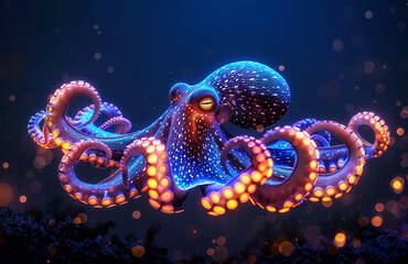 Illuminated Neon Octopus Underwater - obrazy, fototapety, plakaty