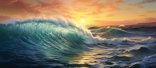 As the sun sets, a vast wave crashes in the ocean, blending liquid with the colorful sky, creating a stunning natural landscape at dusk - obrazy, fototapety, plakaty
