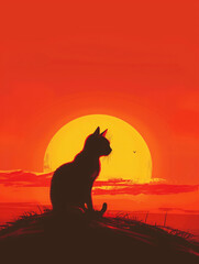 illustration of a cat in a sunset background painting style Generative AI