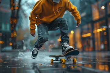 Skateboarder in yellow hoodie Rolling on wet street, performing street stunts