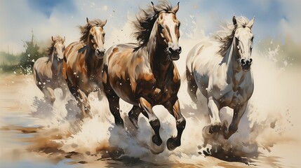 Trio of Painted Horses, Dynamic Motion, Dusty Trail, Wild Nature Background