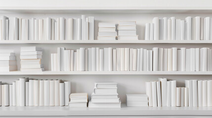 Mock-up of bookshelf with a lot of book spine stacking in the shelf with white plain cover. New modern minimal style.