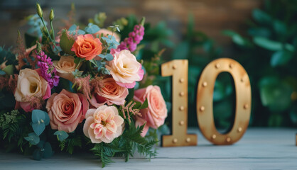 A bouquet of flowers is placed on a table next to a gold number 10 sign. The flowers are arranged in a way that they complement the sign, creating a harmonious and elegant display