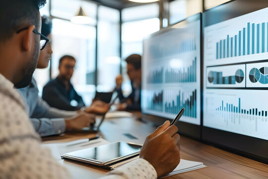 A team of analysts discussing financial data and trends in a boardroom