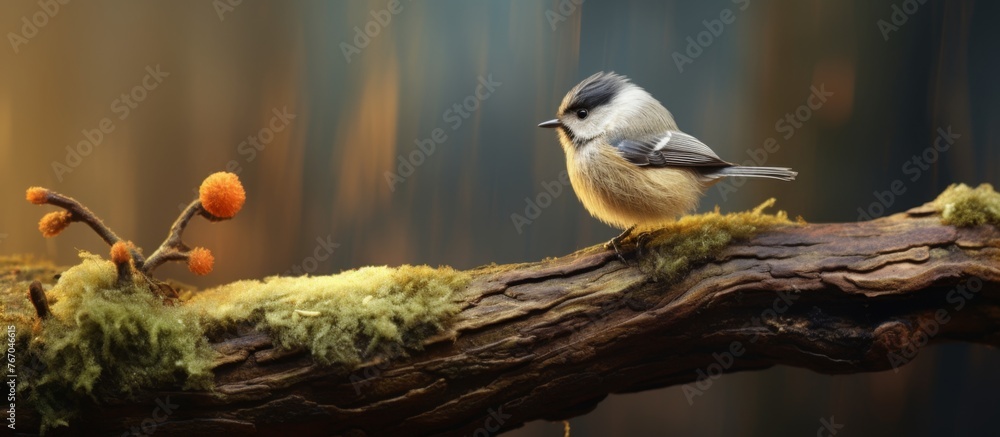 Poster a finch, a small perching bird with colorful feathers, is sitting on a twig branch of a tree, chirpi
