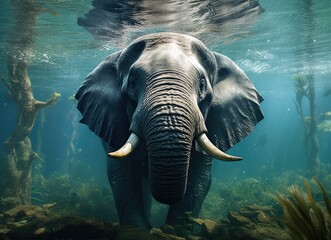 Gentle elephant amidst underwater forest