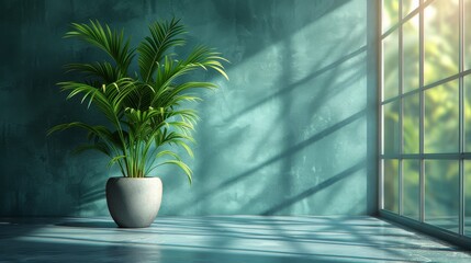  A pot on a windowsill in a green-walled room with a big window