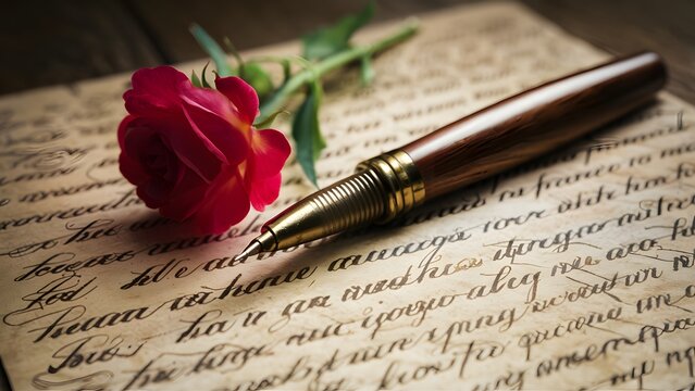 Antique feather pen on old letters with rose flower