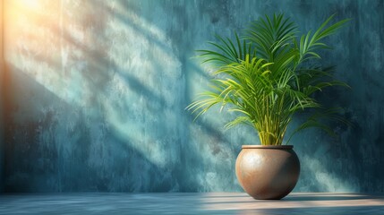  A potted plant rests on a table under a blue-walled room, bathed in sunlight streaming through the window