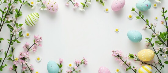 Easter frame displayed with spring flowers and eggs on a white background - obrazy, fototapety, plakaty