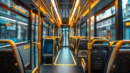 Contemporary city bus interior design with vibrant yellow handrails