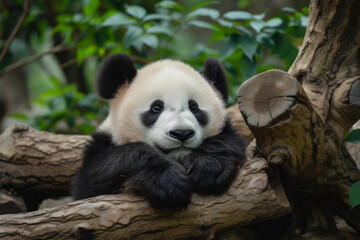 Fototapeta premium A baby panda is resting on a tree branch